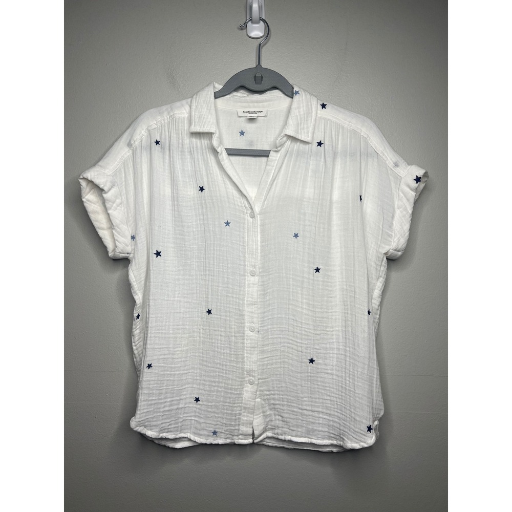 Beachlunchlounge White Cotton‎ Gauze Star Embroidered Button Down Shirt XS